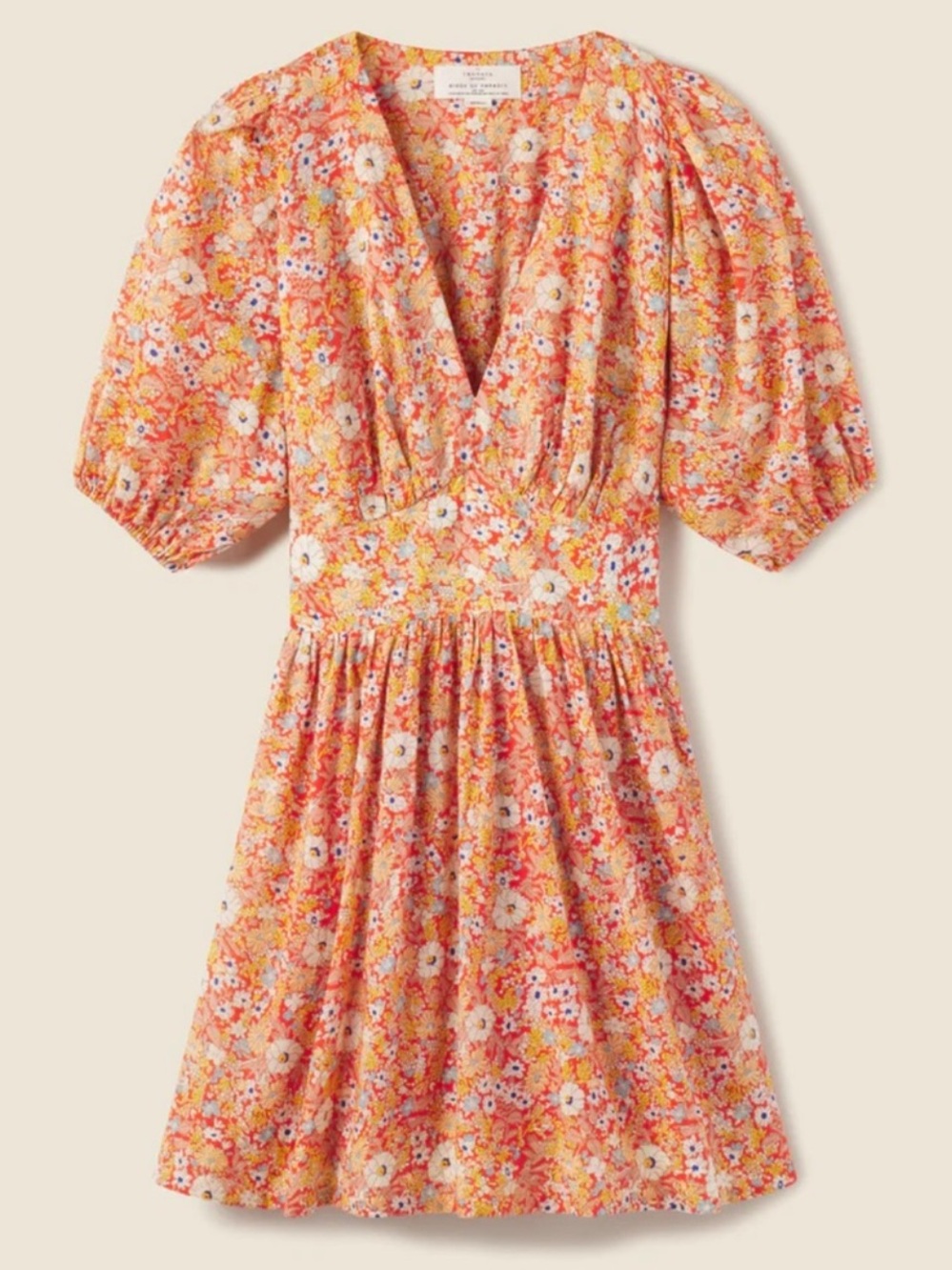 NWT TROVATA Gia Puff Sleeve V Neck Floral Mini Dress in Autumn Fields Print